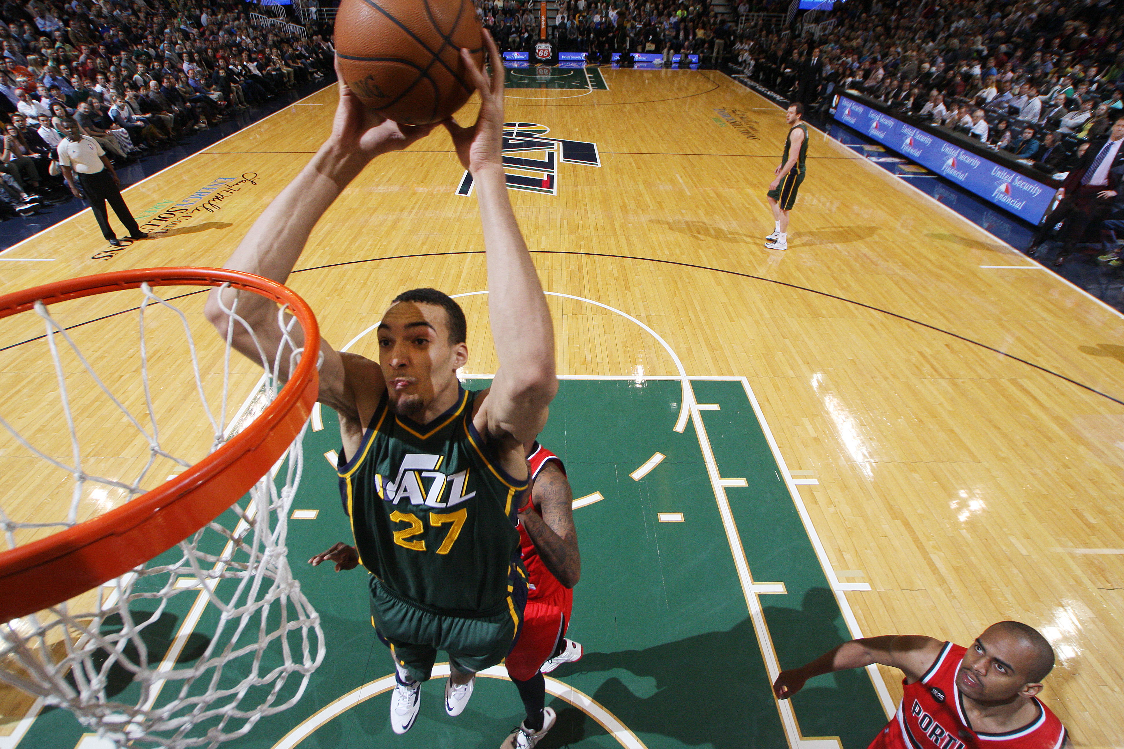 SALT LAKE CITY, UT - MARCH 25: Rudy Gobert #27 of the Utah Jazz shoots against the Portland Trail Blazers on March 25, 2015 at EnergySolutions Arena in Salt Lake City, Utah. NOTE TO USER: User expressly acknowledges and agrees that, by downloading and or using this photograph, User is consenting to the terms and conditions of the Getty Images License Agreement. Mandatory Copyright Notice: Copyright 2015 NBAE (Photo by Melissa Majchrzak/NBAE via Getty Images)